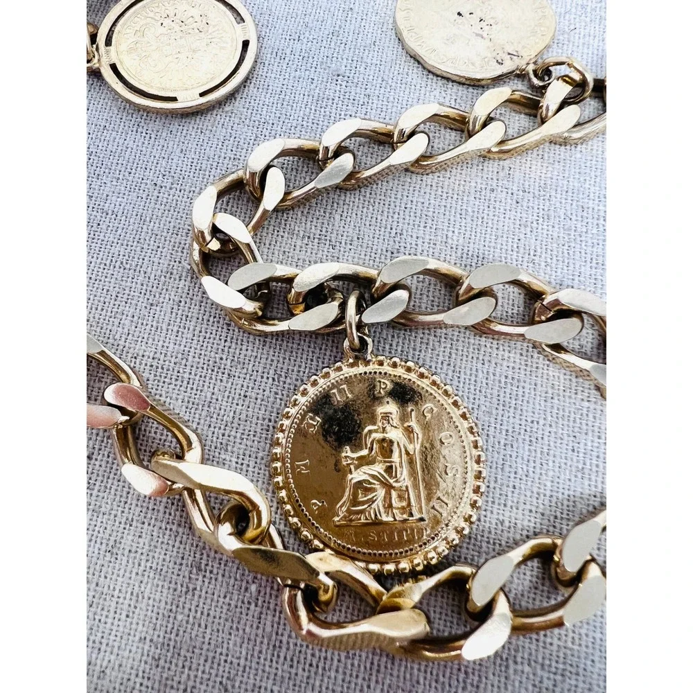 Vintage Gold Tone Curb Chain Coin Belt Statement Medallion Charms Adjustable